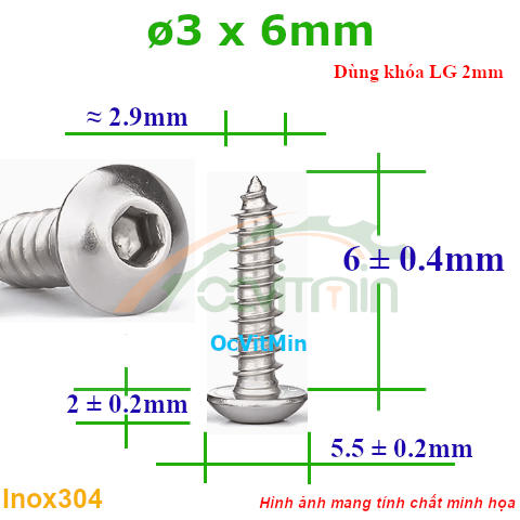 Vít Gỗ Lục Giác Đầu Dù ø 3x6mm - Vit Go Dau Luc Giac Du