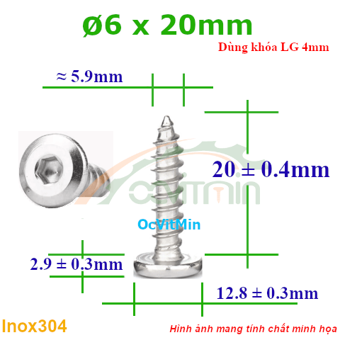 Vít Gỗ Lục Giác Đầu Dẹt Tròn ø 6x20mm - Vit Go Dau Luc Giac Det Tron