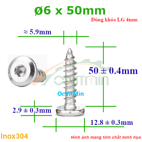 Vít Gỗ Lục Giác Đầu Dẹt Tròn ø 6x50mm - Vit Go Dau Luc Giac Det Tron
