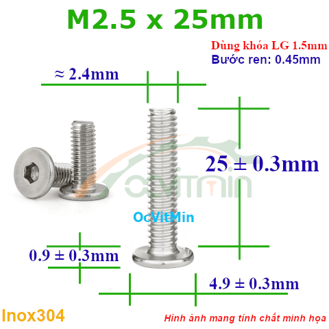 Ốc Lục Giác Dẹp Mỏng M2.5x25mm Inox304 - Oc Luc Giac Dep Mong