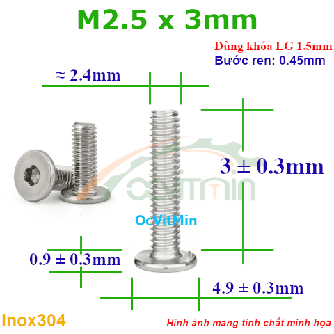 Ốc Lục Giác Dẹp Mỏng M2.5x3mm Inox304 - Oc Luc Giac Dep Mong