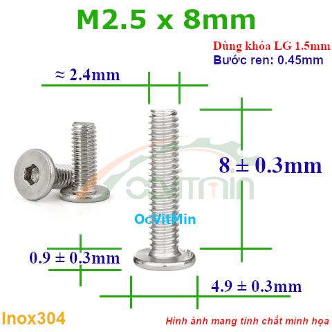 Ốc Lục Giác Dẹp Mỏng M2.5x8mm Inox304 - Oc Luc Giac Dep Mong