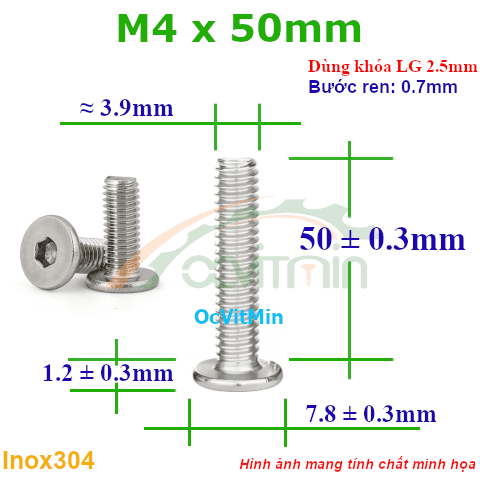 Ốc Lục Giác Dẹp Mỏng M4x50mm Inox304 - Oc Luc Giac Dep Mong OVM001