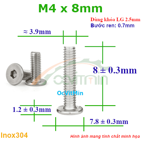 Ốc Lục Giác Dẹp Mỏng M4x8mm Inox304 - Oc Luc Giac Dep Mong