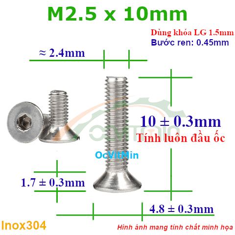 Ốc Lục Giác Đầu Bằng M2.5x10mm Inox304 - Oc Luc Giac Dau Bang
