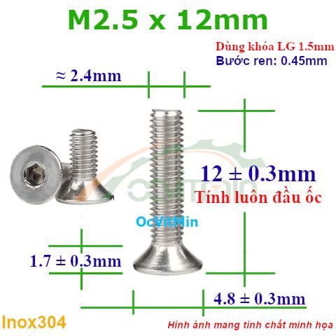 Ốc Lục Giác Đầu Bằng M2.5x12mm Inox304 - Oc Luc Giac Dau Bang