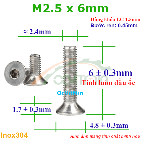 Ốc Lục Giác Đầu Bằng M2.5x6mm Inox304 - Oc Luc Giac Dau Bang