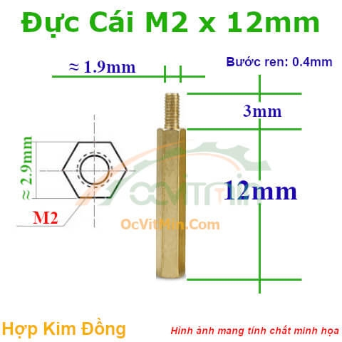 Trụ Đồng Đực Cái Lục Giác M2x12mm - Tru Dong Duc Cai Luc Giac