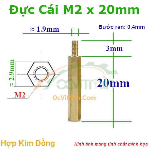 Trụ Đồng Đực Cái Lục Giác M2x20mm - Tru Dong Duc Cai Luc Giac