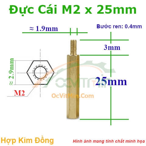 Trụ Đồng Đực Cái Lục Giác M2x25mm - Tru Dong Duc Cai Luc Giac