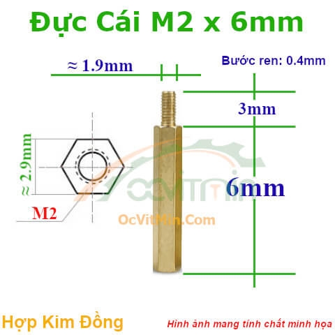 Trụ Đồng Đực Cái Lục Giác M2x6mm - Tru Dong Duc Cai Luc Giac