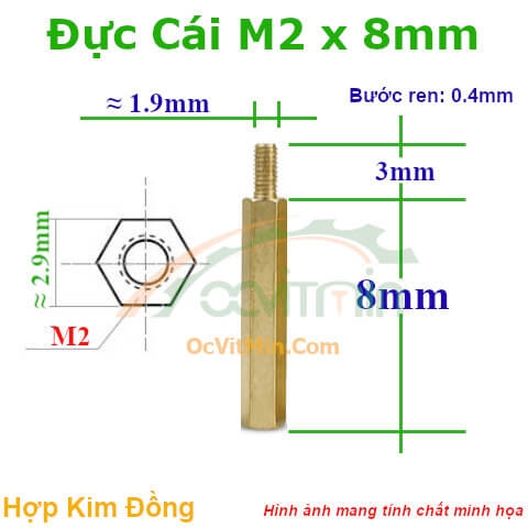 Trụ Đồng Đực Cái Lục Giác M2x8mm - Tru Dong Duc Cai Luc Giac