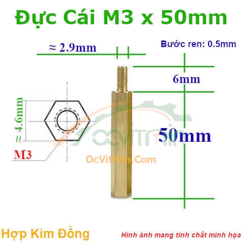 Trụ Đồng Đực Cái Lục Giác M3x50mm - Tru Dong Duc Cai Luc Giac