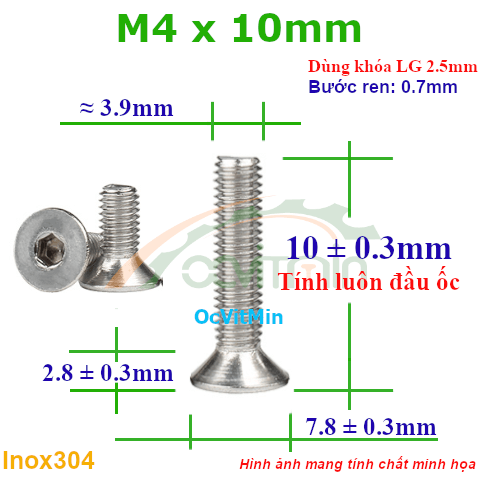 Ốc Lục Giác Đầu Bằng M4x10mm Inox304 - Oc Luc Giac Dau Bang