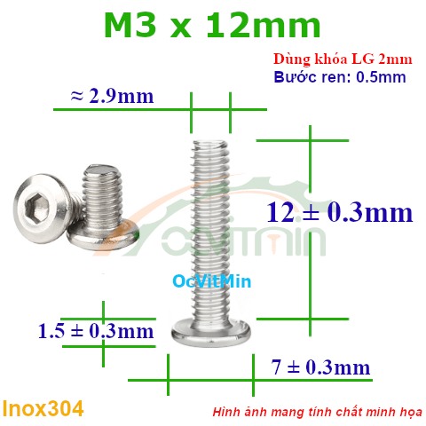 Ốc Lục Giác Đầu Dẹt Tròn M3x12mm Inox304 - Oc Luc Giac Dau Det Tron