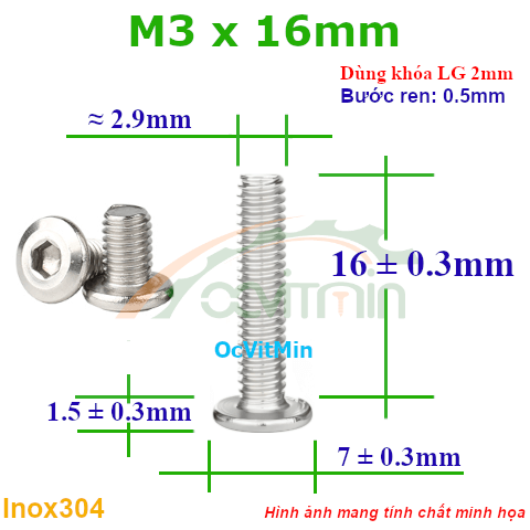 Ốc Lục Giác Đầu Dẹt Tròn M3x16mm Inox304 - Oc Luc Giac Dau Det Tron
