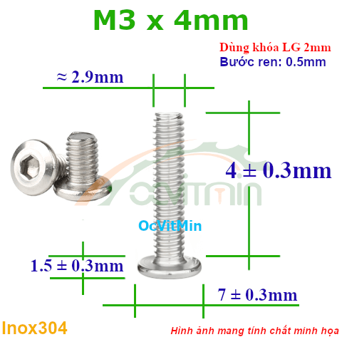 Ốc Lục Giác Đầu Dẹt Tròn M3x4mm Inox304 - Oc Luc Giac Dau Det Tron