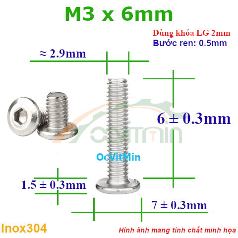 Ốc Lục Giác Đầu Dẹt Tròn M3x6mm Inox304 - Oc Luc Giac Dau Det Tron