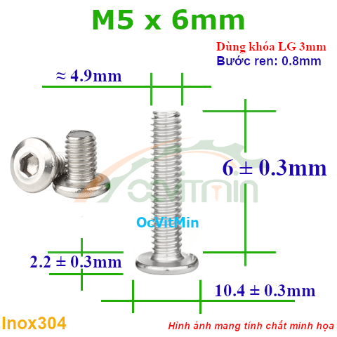 Ốc Lục Giác Đầu Dẹt Tròn M5x6mm Inox304 - Oc Luc Giac Dau Det Tron