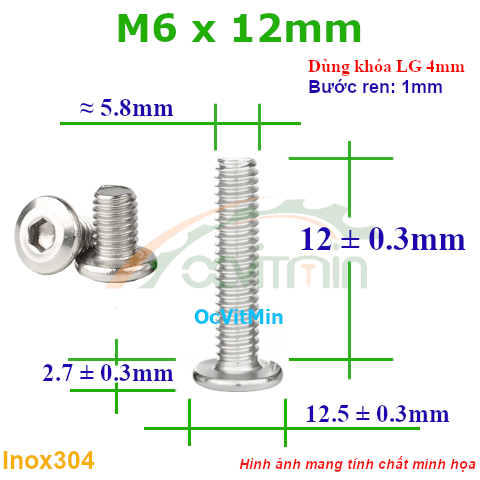 Ốc Lục Giác Đầu Dẹt Tròn M6x12mm Inox304