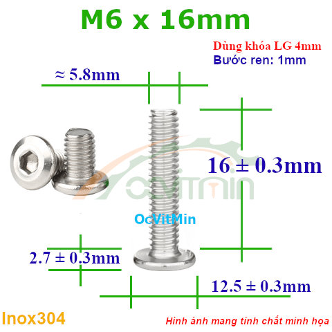 Ốc Lục Giác Đầu Dẹt Tròn M6x16mm Inox304