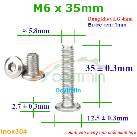 Ốc Lục Giác Đầu Dẹt Tròn M6x35mm Inox304