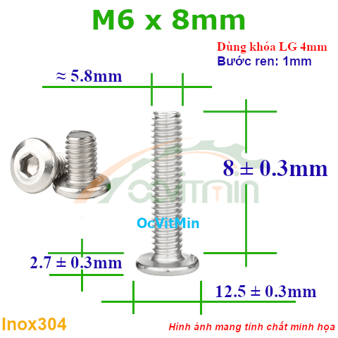 Ốc Lục Giác Đầu Dẹt Tròn M6x8mm Inox304