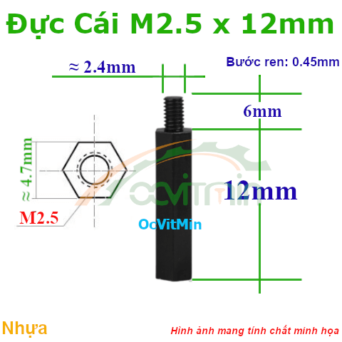 Trụ Nhựa Đực Cái Lục Giác M2.5x12mm - Tru Nhua Duc Cai Luc Giac