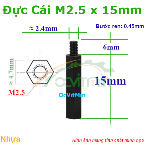 Trụ Nhựa Đực Cái Lục Giác M2.5x15mm - Tru Nhua Duc Cai Luc Giac