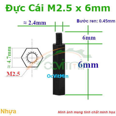 Trụ Nhựa Đực Cái Lục Giác M2.5x6mm - Tru Nhua Duc Cai Luc Giac