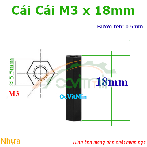 Trụ Nhựa Cái Cái Lục Giác M3x18mm - Tru Nhua Cai Cai Luc Giac