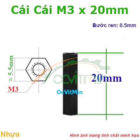 Trụ Nhựa Cái Cái Lục Giác M3x20mm - Tru Nhua Cai Cai Luc Giac