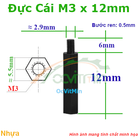 Trụ Nhựa Đực Cái Lục Giác M3x12mm - Tru Nhua Duc Cai Luc Giac