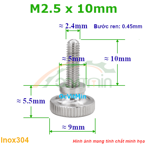 Núm Vặn Ren Ngoài M2.5x10mm Inox304 Vặn Tay - Num Van Tay Ren Ngoai