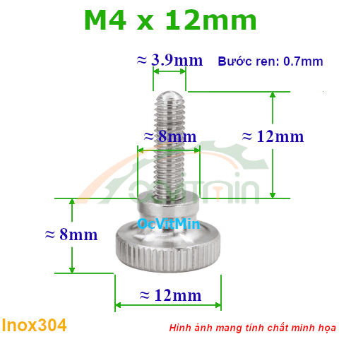 Núm Vặn Ren Ngoài M4x12mm Inox304 Vặn Tay - Num Van Tay Ren Ngoai
