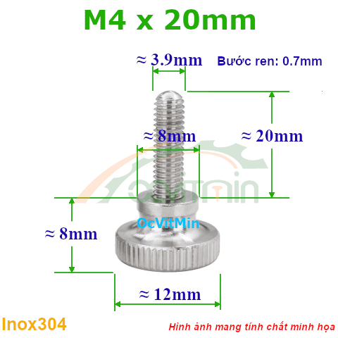 Núm Vặn Ren Ngoài M4x20mm Inox304 Vặn Tay - Num Van Tay Ren Ngoai