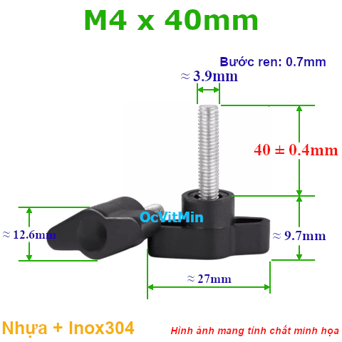 Bulong Tay Vặn Nhựa M4x40mm Inox304 - Tay Van Nhua