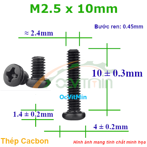 Ốc Bake Đầu Tròn M2.5x10mm Thép Cacbon - Oc PaKe Dau Tron