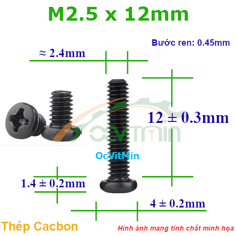 Ốc Bake Đầu Tròn M2.5x12mm Thép Cacbon - Oc PaKe Dau Tron