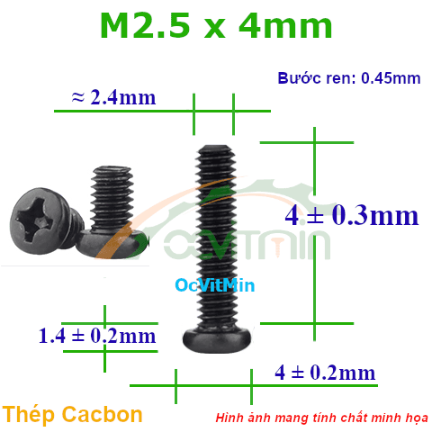 Ốc Bake Đầu Tròn M2.5x4mm Thép Cacbon - Oc PaKe Dau Tron