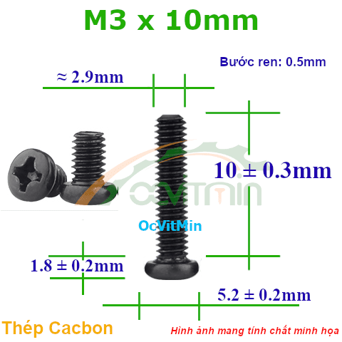 Ốc Bake Đầu Tròn M3x10mm Thép Cacbon