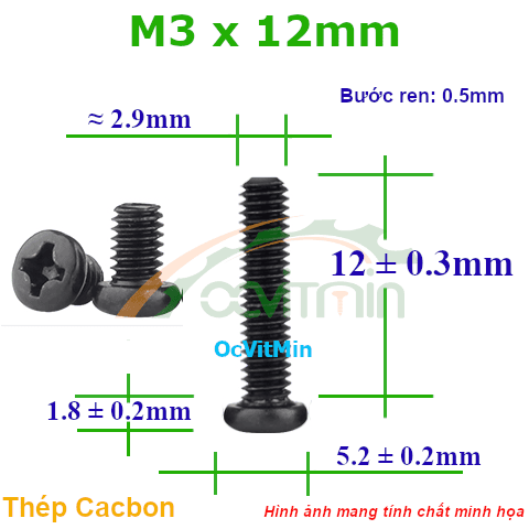Ốc Bake Đầu Tròn M3x12mm Thép Cacbon