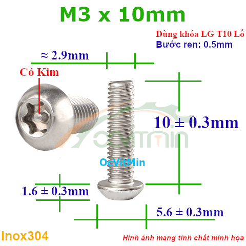 Ốc Lục Giác Bông Đầu Dù M3x10mm Inox304 - Oc Luc Giac Bong Sao Dau Du