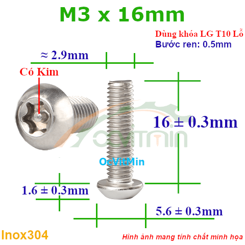 Ốc Lục Giác Bông Đầu Dù M3x16mm Inox304 - Oc Luc Giac Bong Sao Dau Du
