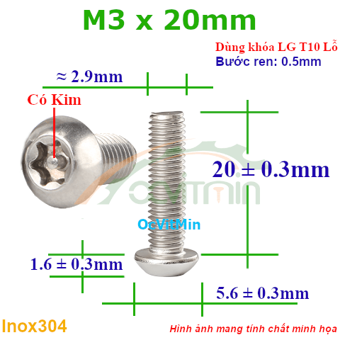 Ốc Lục Giác Bông Đầu Dù M3x20mm Inox304 - Oc Luc Giac Bong Sao Dau Du