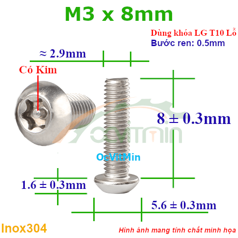Ốc Lục Giác Bông Đầu Dù M3x8mm Inox304 - Oc Luc Giac Bong Sao Dau Du