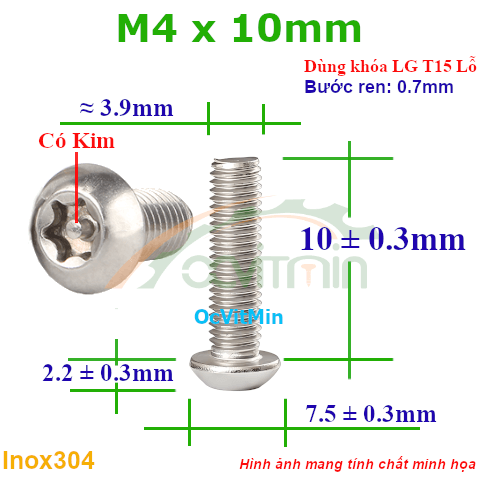 Ốc Lục Giác Bông Đầu Dù M4x10mm Inox304 - Oc Luc Giac Bong Sao Dau Du