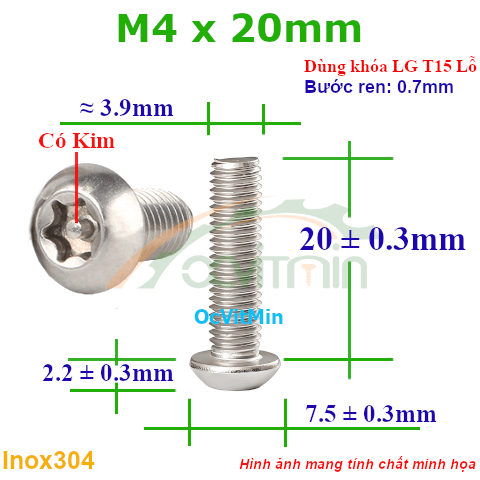 Ốc Lục Giác Bông Đầu Dù M4x20mm Inox304 - Oc Luc Giac Bong Sao Dau Du