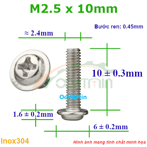 Ốc Bake Đầu Tròn Có Vành M2.5x10mm Inox304 - Oc PaKe Dau Tron Co Vanh