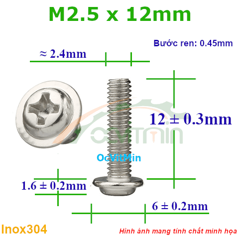 Ốc Bake Đầu Tròn Có Vành M2.5x12mm Inox304 - Oc PaKe Dau Tron Co Vanh